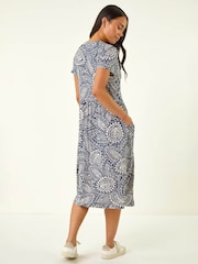 Roman Blue Petite Abstract Button Pocket Stretch Dress - Image 3 of 5