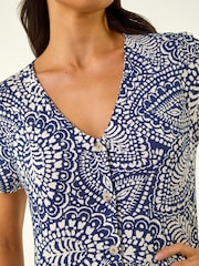 Roman Blue Petite Abstract Button Pocket Stretch Dress - Image 5 of 5