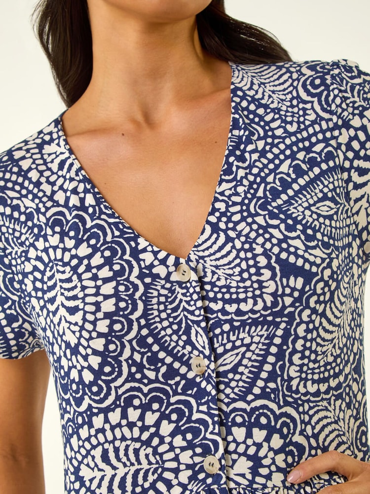 Roman Blue Petite Abstract Button Pocket Stretch Dress - Image 5 of 5