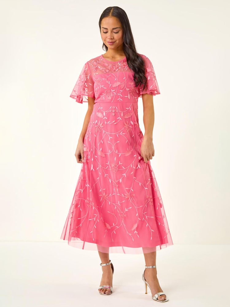 Roman Pink Petite Embroidered Mesh Midi Dress - Image 1 of 3