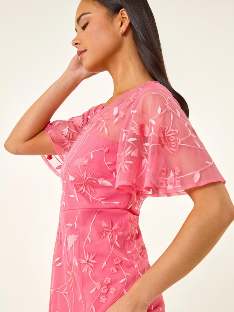 Roman Pink Petite Embroidered Mesh Midi Dress - Image 3 of 3