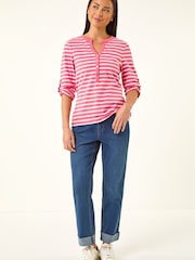 Roman Pink Petite Stripe V-Neck Button Top - Image 2 of 5