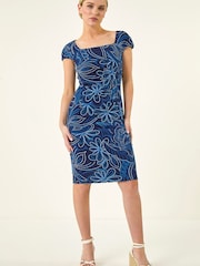 Roman Blue Petite Leaf Print Gathered Stretch Dress - Image 2 of 5