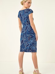 Roman Blue Petite Leaf Print Gathered Stretch Dress - Image 3 of 5