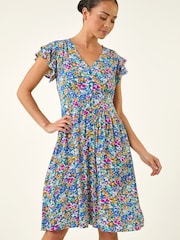 Roman Blue Petite Ditsy Floral Button Dress - Image 4 of 5