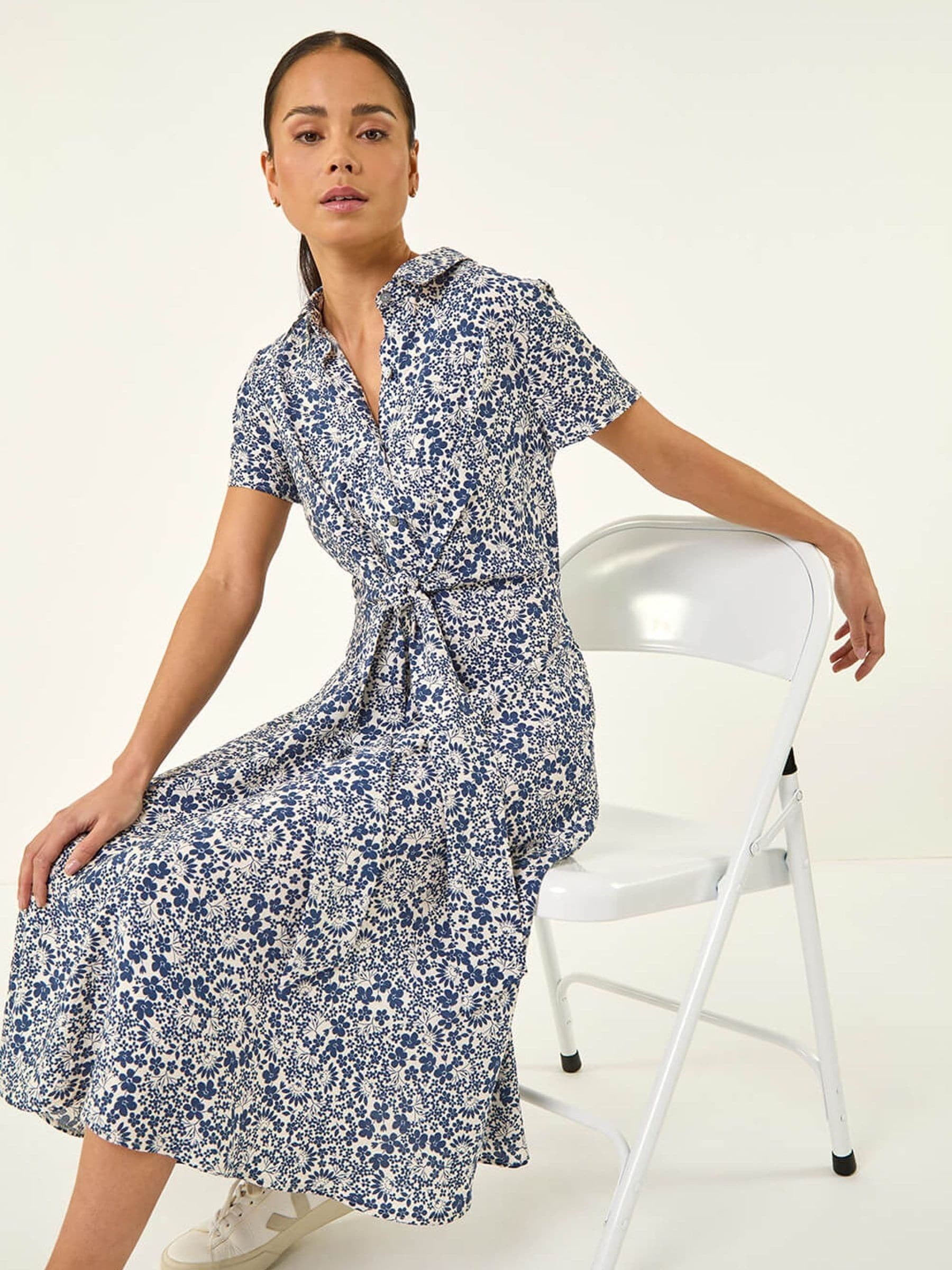 Roman Women's Blue Petite Ditsy Tie Front Midi Dress