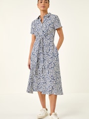 Roman Blue Petite Ditsy Tie Front Midi Dress - Image 2 of 5