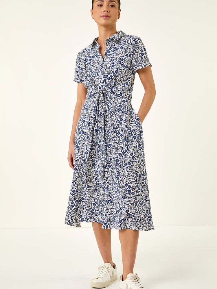 Roman Blue Petite Ditsy Tie Front Midi Dress - Image 2 of 5