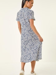 Roman Blue Petite Ditsy Tie Front Midi Dress - Image 3 of 5