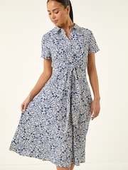 Roman Blue Petite Ditsy Tie Front Midi Dress - Image 4 of 5