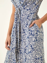 Roman Blue Petite Ditsy Tie Front Midi Dress - Image 5 of 5