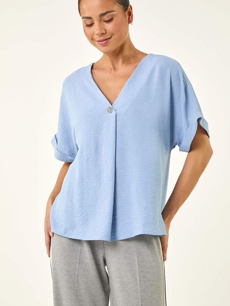 Roman Blue Petite One Buttoned V-Neck Top - Image 2 of 5