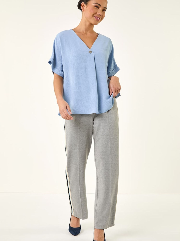 Roman Blue Petite One Buttoned V-Neck Top - Image 5 of 5