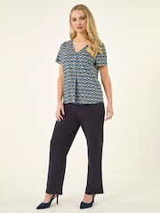 Roman Blue Petite Abstract V-Neck Stretch Top - Image 2 of 5