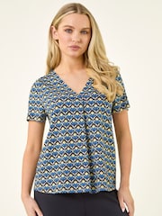 Roman Blue Petite Abstract V-Neck Stretch Top - Image 4 of 5
