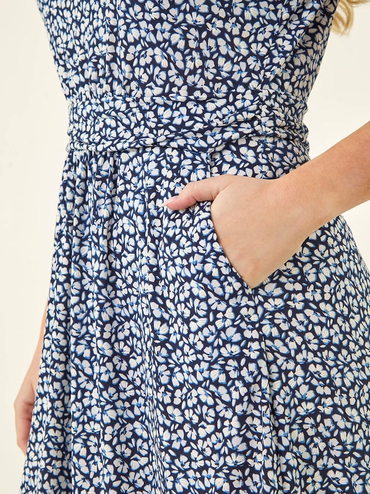 Roman Blue Petite Floral A-line Dress - Image 5 of 5