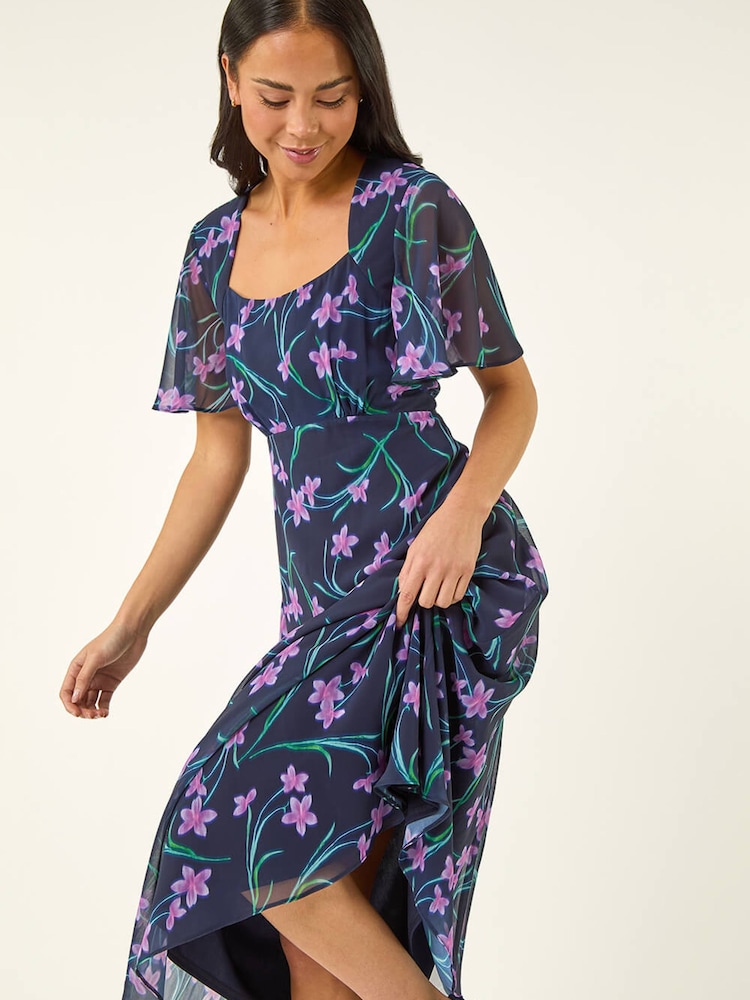 Roman Blue Petite Floral Midi Dress - Image 1 of 5 Roman Blue Petite Floral Midi Dress - Image 1 of 5