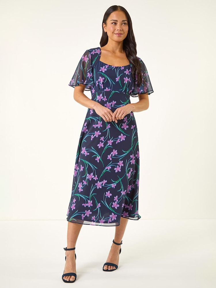 Roman Blue Petite Floral Midi Dress - Image 2 of 5 Roman Blue Petite Floral Midi Dress - Image 2 of 5