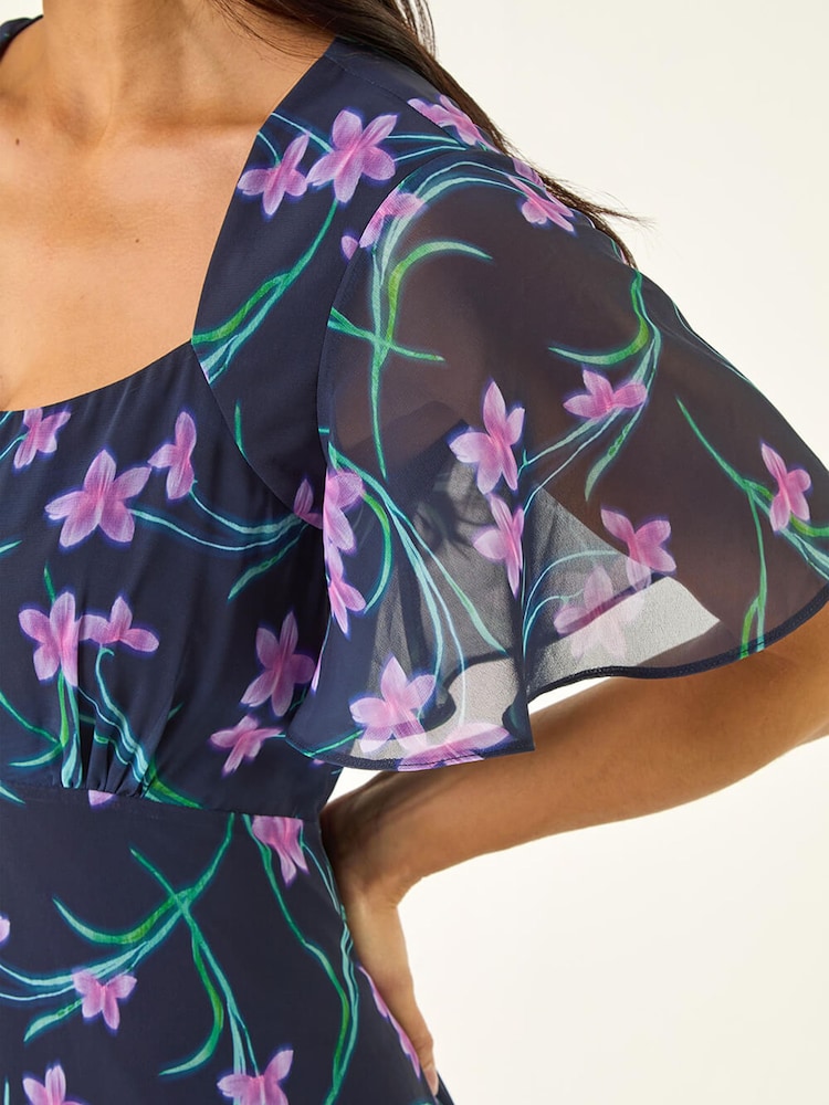 Roman Blue Petite Floral Midi Dress - Image 5 of 5 Roman Blue Petite Floral Midi Dress - Image 5 of 5