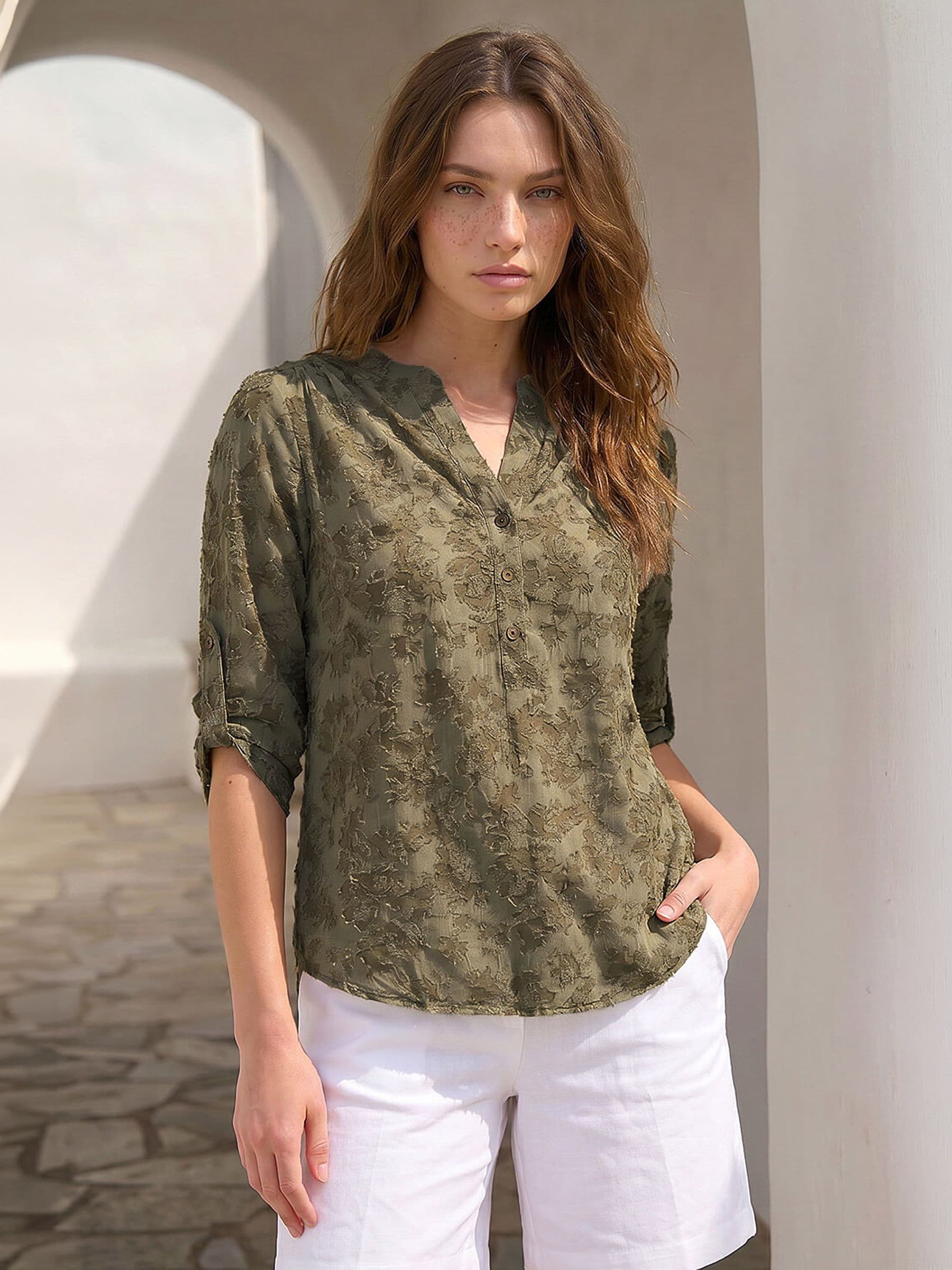 Roman Women's Green Petite Burnout Print Button Shirt