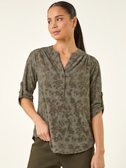 Roman Green Petite Burnout Print Button Shirt - Image 4 of 5