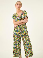 Roman Black Petite Floral Button Front Jumpsuit - Image 1 of 5