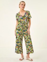 Roman Black Petite Floral Button Front Jumpsuit - Image 2 of 5