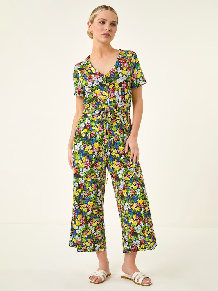 Roman Black Petite Floral Button Front Jumpsuit - Image 2 of 5