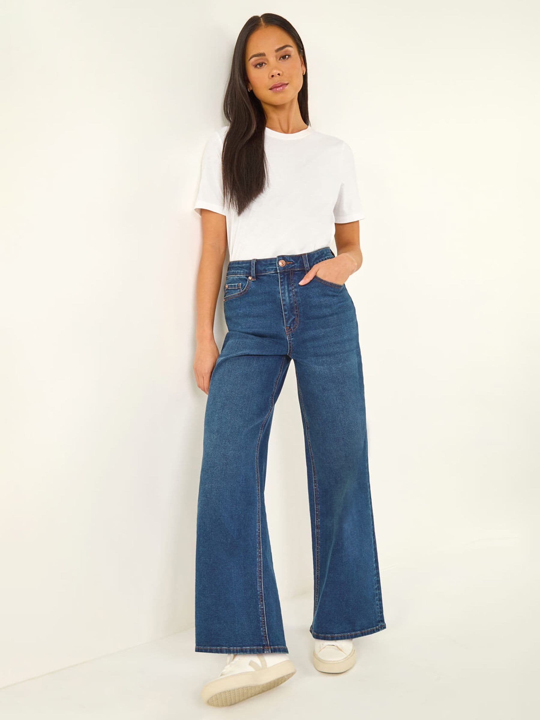 Buy Roman Indigo Blue Petite Wide Leg Denim Trousers from the Next
