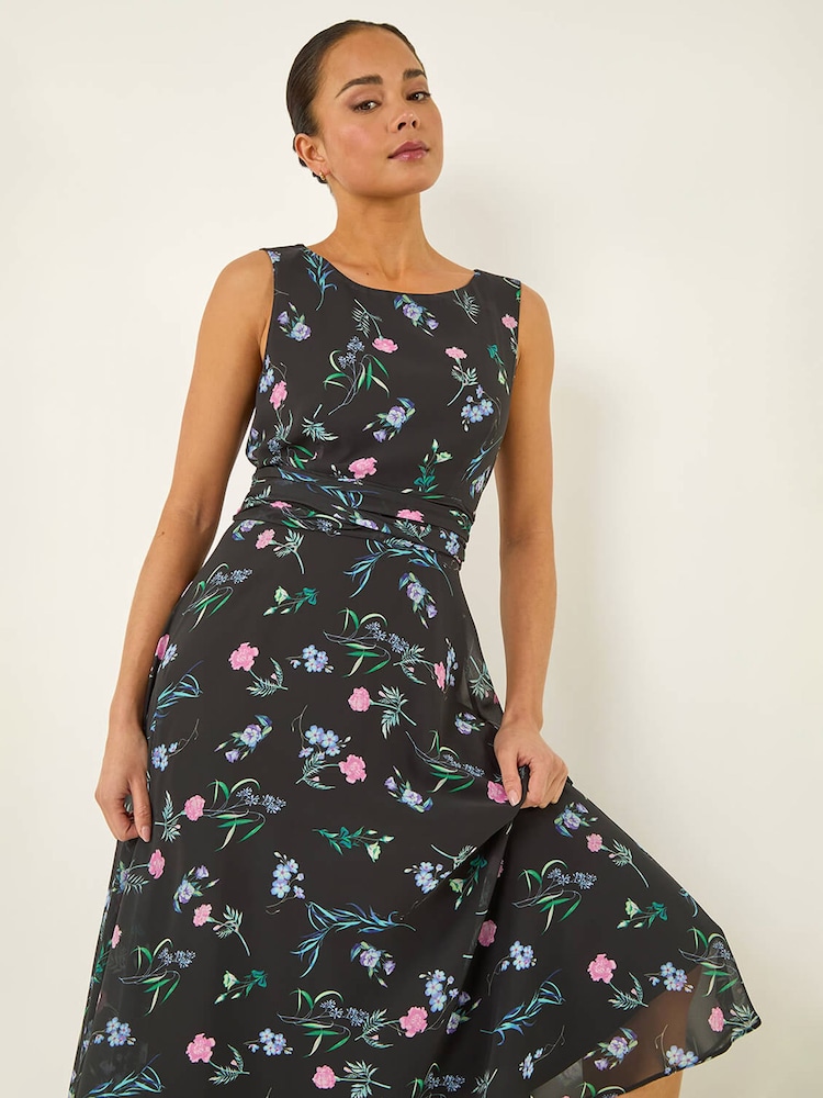 Roman Black Petite Floral Ruched Waist Midi Dress - Image 1 of 5