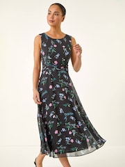 Roman Black Petite Floral Ruched Waist Midi Dress - Image 4 of 5