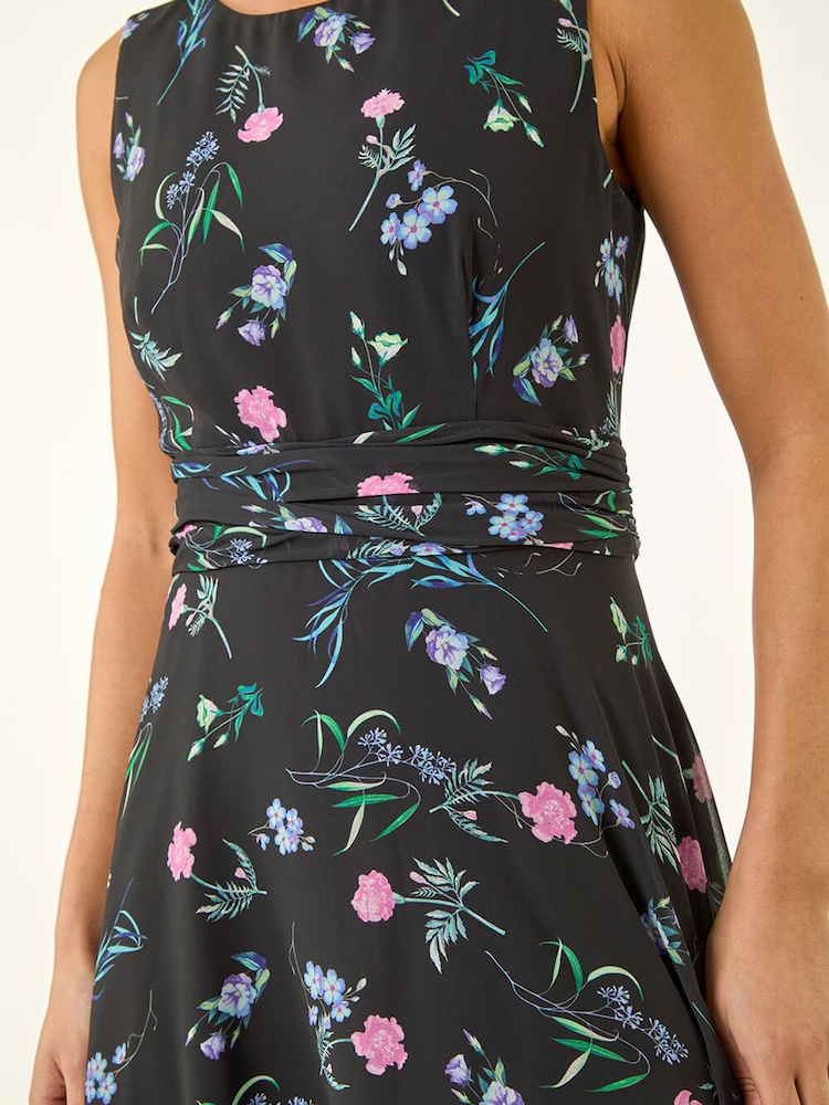 Roman Black Petite Floral Ruched Waist Midi Dress - Image 5 of 5