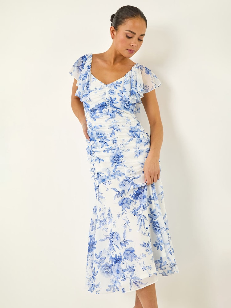Roman Blue Petite Floral Print Tiered Midi Dress - Image 1 of 5