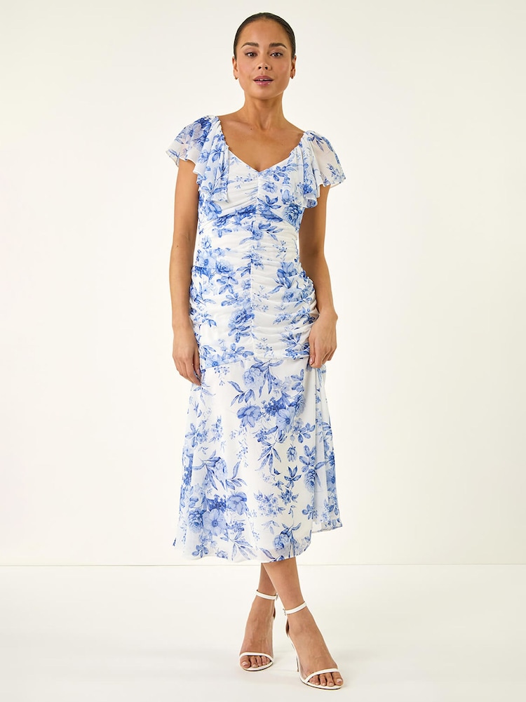 Roman Blue Petite Floral Print Tiered Midi Dress - Image 2 of 5