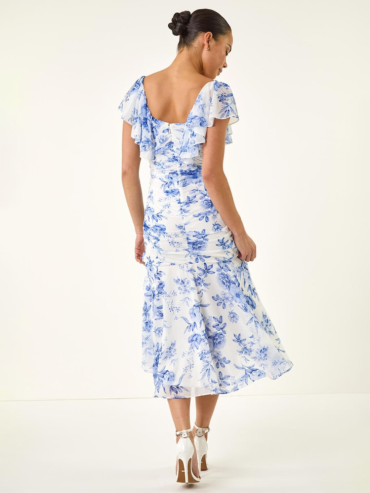 Womens Roman Blue Petite Floral Print Tiered Midi Dress US 14 Womens Roman Blue Petite Floral Print Tiered Midi Dress US 14