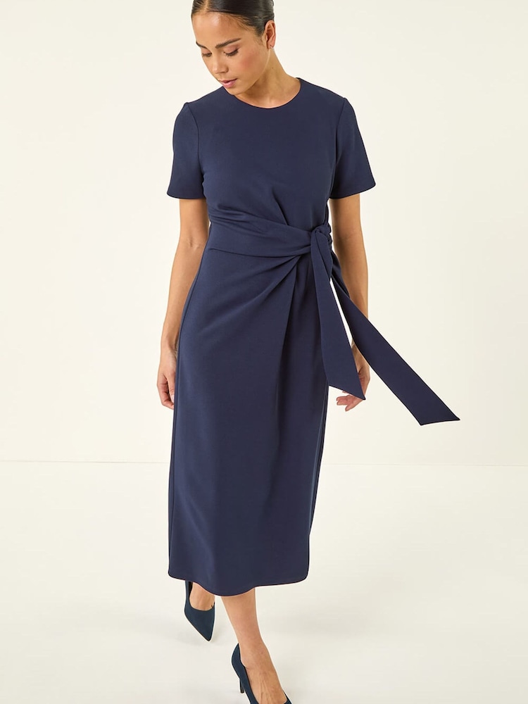 Roman Blue Petite Tie Waist Stretch Midi Dress - Image 1 of 5 Roman Blue Petite Tie Waist Stretch Midi Dress - Image 1 of 5