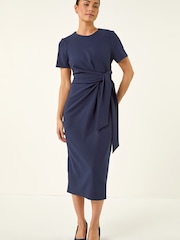 Roman Blue Petite Tie Waist Stretch Midi Dress - Image 2 of 5