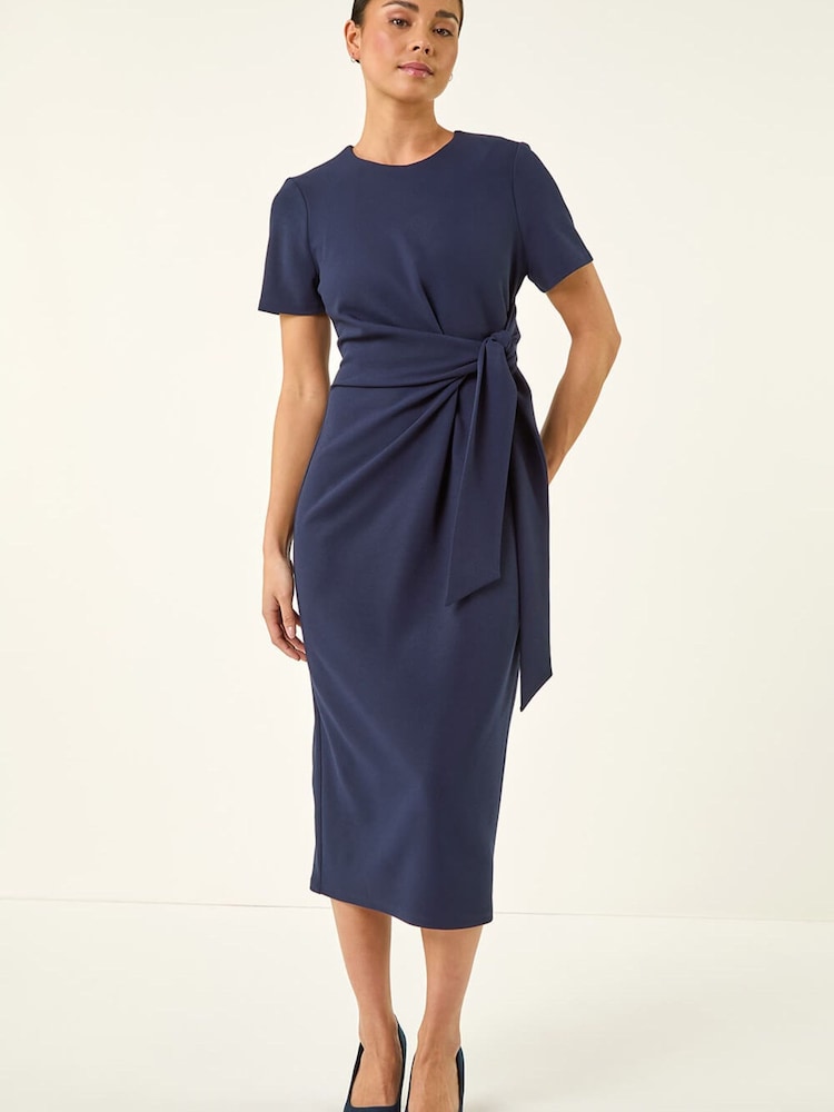 Roman Blue Petite Tie Waist Stretch Midi Dress - Image 2 of 5 Roman Blue Petite Tie Waist Stretch Midi Dress - Image 2 of 5