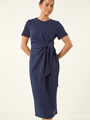 Roman Blue Petite Tie Waist Stretch Midi Dress - Image 4 of 5