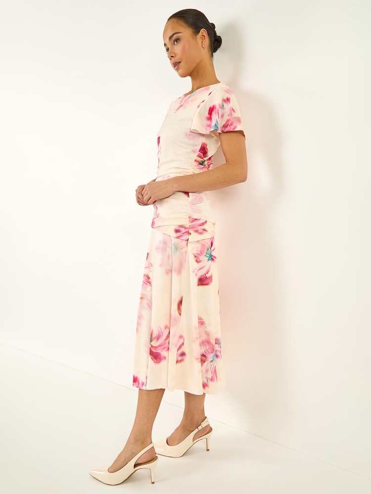 Roman White Petite Floral Ruched Side Dress - Image 1 of 5