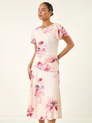 Roman White Petite Floral Ruched Side Dress - Image 2 of 5