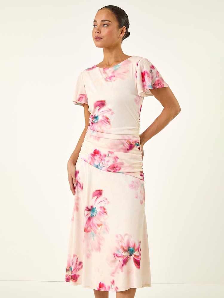 Roman White Petite Floral Ruched Side Dress - Image 2 of 5