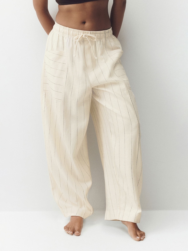 Cream Stripe Loungewear Trousers with linen - Image 1 of 9 Cream Stripe Loungewear Trousers with linen - Image 1 of 9