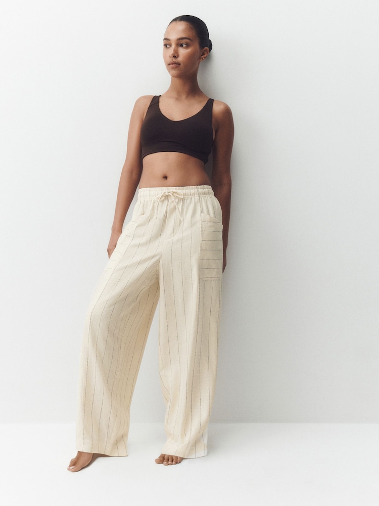 Cream Stripe Loungewear Trousers with linen - Image 2 of 9 Cream Stripe Loungewear Trousers with linen - Image 2 of 9