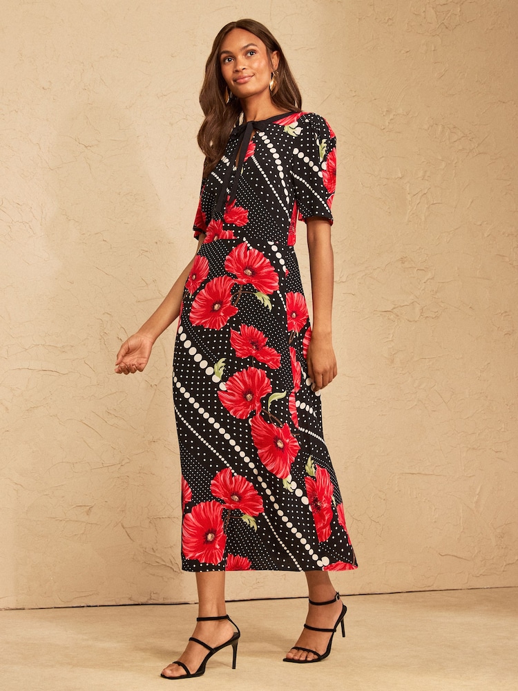 Love & Roses Black Animal Print Tie Neck Midi Tea Dress - Image 1 of 4