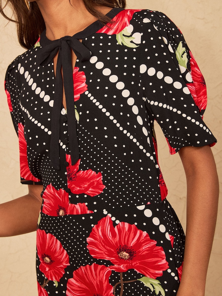 Love & Roses Black Animal Print Tie Neck Midi Tea Dress - Image 2 of 4