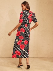 Love & Roses Black Animal Print Tie Neck Midi Tea Dress - Image 4 of 4