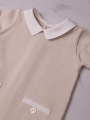 Emile Et Rose Natural Logan Knitted Romper with Mock Pockets & Collar - Image 4 of 4