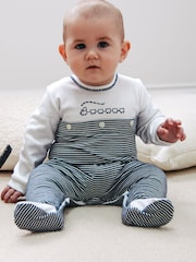 Emile Et Rose ブルー Lincoln 上半分ホワイト 下半分ストライプ トレイン刺繍 オールインワン - 画像 1 / 4