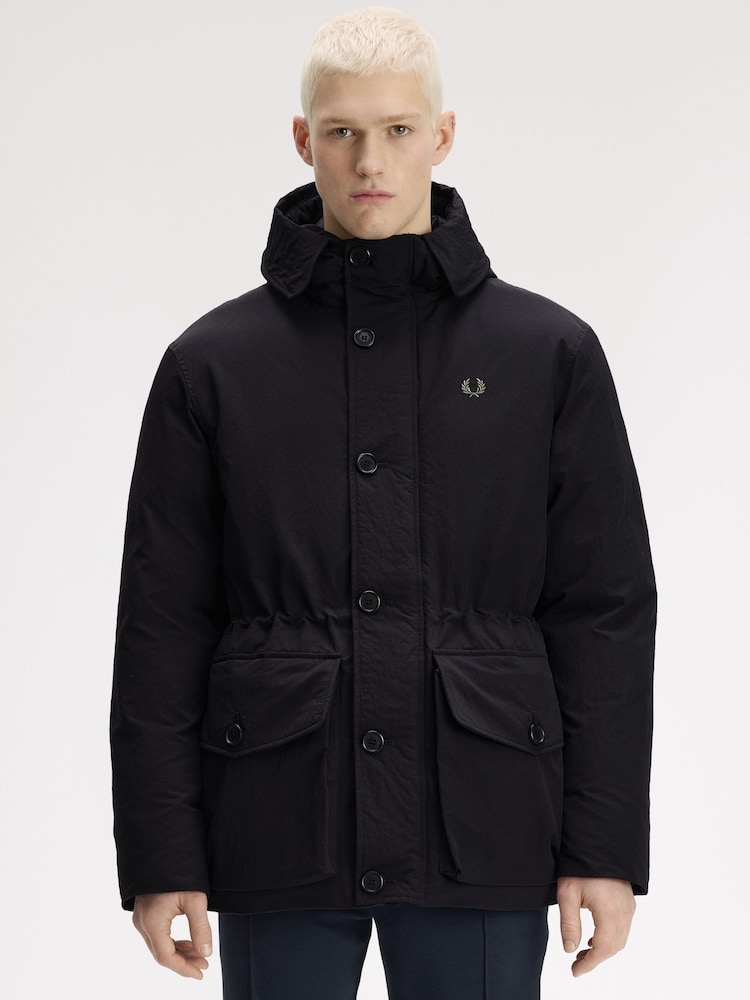 Fred Perry Black Padded Patch Pocket Parka Jacket - Image 1 of 5 Fred Perry Black Padded Patch Pocket Parka Jacket - Image 1 of 5